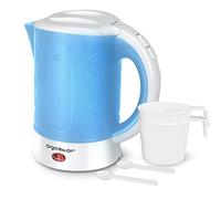Aigostar Travel Hervidor de Agua Eléctrico Compacto de 0,6 Litro, Libre de BPA, 650W Hervidor Agua Pequeño, Incluye dos tazas y dos cucharas de regalo, Filtro Antical, Apagado Automático, Azul