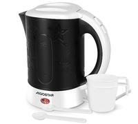 Aigostar Hervidor de Agua Eléctrico Compacto de Viaje 0,6 Litros | Boiler pequeño de 650W con apagado automático, filtro antical, incluye 2 tazas y cucharas de regalo, libre de BPA Negro