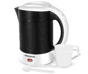 Aigostar Hervidor de Agua Eléctrico Compacto de Viaje 0,6 Litros | Boiler pequeño de 650W con apagado automático, filtro antical, incluye 2 tazas y cucharas de regalo, libre de BPA Negro