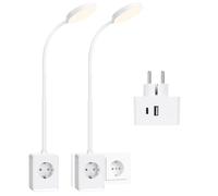 Aigostar Lampara de Lectura LED con Enchufe y Toma de Corriente, Salidas USB y Tipo C, Luz de Pared con Control Táctil, 3 Colores de Luz, Tubo de Luz Flexible Ajustable en 360°, Blanco, 2pcs