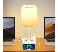 Aigostar Lámpara de Mesa E27 con Enchufe y Toma de Corriente, Salida USB y Tipo C, Lámpara de Mesita de Noche con Pantalla de Tela, Lámpara de Noche para Dormitorio Salón Oficina (Blanca)