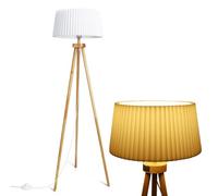 Aigostar Lampara de Pie tripode E27 Vintage de Madera Maciza para Salón, Plisada Pantalla Blanca de Lino, Cable 180 cm con Interruptor de Pie, Sin Bombilla, Estilo Nórdico