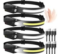 Aigostar Linterna Frontal LED Recargable,4 Piezas,Linterna de Cabeza LED con Sensor de Movimiento,6 Modos de Luz,230 ° Ángulo Ancho,USB C,0.14lb Ligera para Camping,Correr,Ciclismo,Pescar