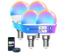Aigostar Mesh- Bombilla inteligente Bluetooth Mesh, G45. 2700K-6500K y RGB regulable, E14, 6.5W, 555LM. Bombilla LED inteligente compatible con Alexa y Google Home. Incluye mando a distancia. 4Uds