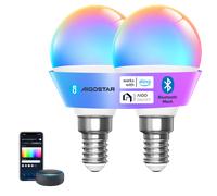 Aigostar Mesh- Bombilla inteligente Bluetooth Mesh, G45. 2700K-6500K y RGB regulable, E14, 6.5W, 555LM. Bombilla LED inteligente compatible con Alexa y Google Home. Incluye mando a distancia. 2Uds