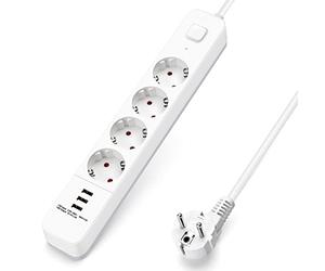 Aigostar Regleta alargador de 4 enchufes con Cable de 1,5 Metros e Interruptor de 3 USB