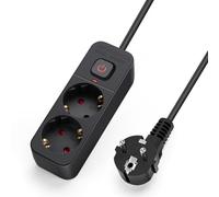 Aigostar Regleta Enchufes, Alargador Enchufe de 2 Enchufes con Interruptor, Cable de 3 Metros, Negro