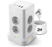 Aigostar Torre Regleta Enchufes Vertical 8 Tomas, Alargador 2M, 2 USB C + 2 USB A, Regreltas Vertical con Interruptor, Protección Sobretensiones, 3680W - Blanco para Casa Oficina Dormitorio