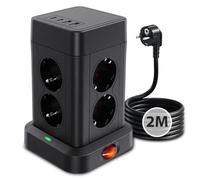 Aigostar Torre Regleta Enchufes Vertical 8 Tomas, Alargador 2M, 2 USB C + 2 USB A, Regreltas Vertical con Interruptor, Protección Sobretensiones, 3680W - Negro para Casa Oficina Dormitorio