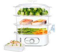 Aigostar Vaporera Eléctrica 12L, 3 Recipientes Apilables Independientes, Cuenco para Arroz, Soporte para Huevos, Temporizador 60 Minutos, Base Antideslizante, Sin BPA, 900W, Blanco