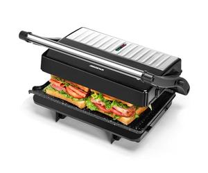 Aigostar York Pro - Sandwicheras y Panini, Parrilla Eléctrica, Grill con Placas Antiadherentes, 1000W, Apertura de 180º Dos Superficies de Cocinado de 23 x 14.5cm, Pinza de Cierre.