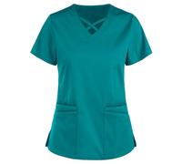 AIGOUT Camiseta de manga corta para mujer, camiseta de verano con bolsillos, uniforme tipo túnica para mujer, belleza, peluquería, masajista, spa, salud, trabajo, ropa protectora (azul 2, S)