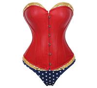 AIGOUT Corsé de piel sintética para mujer con pantalones cortos, lencería elegante de Wonder Woman, disfraz de Halloween, corsé moldeador con cordones (rojo, XL)