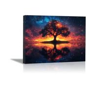 AIHNBF Árbol de la vida surrealista mural noche estrellada galaxia paisaje sobre puesta de sol reflexión agua naturaleza cósmica escena para salón, dormitorio, decoración del hogar, 80 x 120 cm