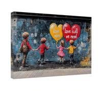 AIHNBF Arte callejero Amor Es Todo Lo Que Necesitamos Graffiti Mural Figuras Coloridas con Globos de Corazón Lienzo Urbano Lienzo Moderno Decoración Pared Salón Oficina 50 x 75 cm