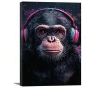 AIHNBF Chimpancé con auriculares Mural de mono urbano Música Pop Art Graffiti Street Style Impresión artística Vivo Magenta Arte Animal para Diseño Moderno Hogar sin Marco Decoración 50 x 75 cm