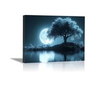 AIHNBF Cuadro de árbol con luz de luna, paisaje nocturno azul, lienzo para dormitorio, salón, oficina, decoración, naturaleza mística, lago, reflexión, obra de arte sin marco, 60 x 90 cm