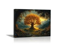 AIHNBF Cuadro de árbol de la vida dorado paisaje natural bosque impresión en lienzo mística montañas puesta de sol escena para sala de estar decoración valle tranquilo obra de arte para la oficina en