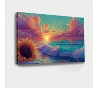 AIHNBF Cuadro de girasoles, puesta de sol, olas del océano, playa, lienzo calmante, mar territorial, paisaje, pintura para salón, dormitorio, baño, decoración de pared moderna, 60 x 90 cm