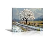 AIHNBF Cuadro de paisaje de árbol en flor blanca en lienzo rústico casa de campo natural de invierno primavera transición mural para salón, dormitorio, oficina, decoración de pared 60 x 90 cm