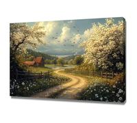 AIHNBF Cuadro de paisaje rústico con flores de primavera, árbol, camino rural, pintura de granja, escena de naturaleza, póster panorámico, vista pintoresca, casa de campo, decoración para sala de