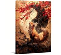 AIHNBF Cuadro de pared de zorro Naturaleza Póster Hojas Otoño Abstracto Arte Animal Zorro Mirando a la Luna con Hojas Rojas Decoración de Pared Salón Dormitorio Único Animal Pintura Regalo 30 x 45 cm
