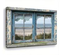 AIHNBF Cuadro rústico con ventana de playa, paisaje costero panorámico, lienzo con marco azul desgastado, póster marítimo, brisa marítima, decoración para salón, 60 x 90 cm