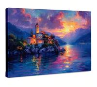 AIHNBF Impresionista paisaje costero mural Pueblo Pueblo Pintura de ensueño Lago Lila Escena Mediterránea Ciudad Costera Decoración Salón Tranquila Vista a la Montaña 60 x 90 cm