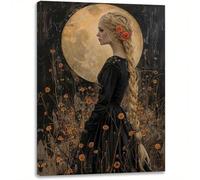 AIHNBF Lienzo gótico con luz de luna para niña, arte de pared, retrato de fantasía oscura, mujer con trenza larga y flores, surrealismo mágico, pintura al óleo para sala de estar, dormitorio