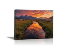 AIHNBF Majestuosa imagen en lienzo con vista a la montaña y puesta de sol, pintoresca cumbre de Grand Teton con reflejo del río para decoración de salón, dormitorio, 50 x 75 cm