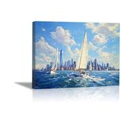 AIHNBF Nueva York Ciudad Skyline Vela Mural de Barco Velero Regata Lienzo Impresión en Lienzo Manhattan Waterfront Impresionista Paisaje Urbano Mar Azul Arte para Salón 60 x 90 cm