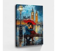 AIHNBF Romántico Londres Mural Noche Lluviosa Paisaje Ciudad Pintura Pareja Bajo Paraguas Rojo Lienzo Gran Ben Historia Arte para Salón Dormitorio Decoración 20 x 30 cm