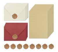 Aihoom 26 piezas de papelería vintage: 4 sobres de lino blanco,4 sobres de lino rojo, 8 sellos de cera, 10 hojas A5 kraft con líneas, ideal para invitaciones de boda y cartas románticas.