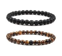 Aihoom - Conjunto de pulseras de perlas para hombre, pulsera ajustable de piedra natural de 6 mm y cristal negro, regalo unisex,Regalo para el Día del Padre