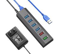 Aiibe - Hub USB de 6 puertos de súper alta velocidad USB 3.0 Hub Splitter + adaptador de corriente de 24 W + cable USB 3.0, cargador rápido inteligente alimentado USB Hub para laptop, Mac, PC, disco
