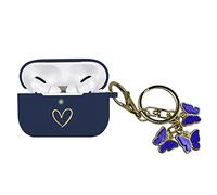 AIIEKZ Compatible con AirPods Pro, funda de silicona suave con patrón de corazón dorado para AirPod Pro con bonito llavero de mariposa para niñas y mujeres (azul)