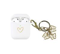 AIIEKZ Compatible con funda AirPods, funda de silicona suave con patrón de corazón dorado para AirPods 2 y 1 Generación con bonito llavero de mariposa para niñas y mujeres (blanco)