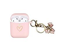 AIIEKZ Compatible con funda AirPods, funda de silicona suave con patrón de corazón dorado para AirPods 2 y 1 Generación con bonito llavero de mariposa para niñas y mujeres (rosa)