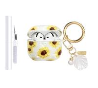 AIIEKZ Funda compatible con AirPods 4 2024, TPU suave con patrón de carcasa para AirPods de 4ª generación con llavero de concha de perlas y kit de limpieza para niñas y mujeres (girasol)