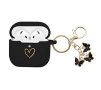 AIIEKZ Funda compatible con AirPods 4, funda de silicona suave con patrón de corazón dorado para AirPods de 4ª generación con bonito llavero de mariposa para niñas y mujeres (negro)