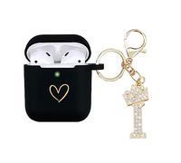 AIIEKZ Funda compatible con AirPods, funda de silicona suave con patrón de corazón dorado para AirPods de 2 y 1 generación con llavero de letra A-Z con diamantes de imitación (I)