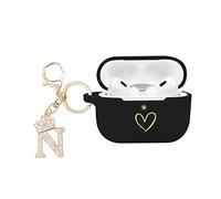 AIIEKZ Funda compatible con AirPods Pro 2 2022, funda de silicona suave con patrón de corazón dorado para AirPods Pro de 2ª generación con llavero de letra A-Z tachonada de diamantes de imitación (N)