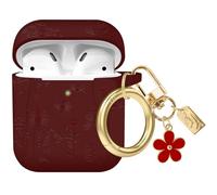 AIIEKZ Funda grabada de flores compatible con AirPods, funda de silicona suave para AirPods de 2 y 1 generación con bonito llavero de flores y mosquetón para niñas y mujeres (borgoña)