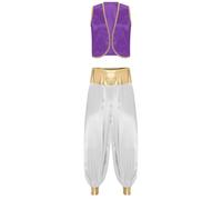 Aiihoo - Chaleco de Príncipe Árabe y Pantalones Satinados de Harem con Brillo para Cosplay, Carnaval, Halloween, Vestidos de Motivo, Color Lila Oscuro y Blanco, Talla S Masculino