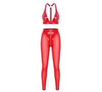 Aiihoo Conjunto de lencería para mujer con aspecto mojado, conjunto de lencería para adultos, exótico, osito brillante, metálico, hippie, discoteca, rojo, S