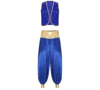 Aiihoo Disfraz de príncipe árabe para hombre, chaleco y pantalón harén satinado, pantalones harén de Aladino, carnaval, Halloween, cosplay, fiesta temática, trajes de color azul real, 3XL