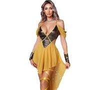 Aiihoo Disfraz de reina egipcia Cleopatra para mujer, con hombros fríos, minivestido de gasa, vestido de fiesta temática, Halloween, carnaval, amarillo, M