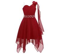 Aiihoo Vestido de niña de un solo hombro, vestido de princesa, vestido festivo, boda, desfile de fiesta, vestido de noche, vestido de gasa, vestido de verano, granate, 134-140