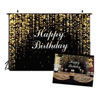 AIIKES 7x5FT Feliz Cumpleaños Fondo Fotografía Negro y Oro Brillo Bokeh Fondo Bebé Adulto Cumpleaños Banner Pastel Fondo Foto Estudio Props 11-835