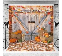 AIIKES Telón de fondo de Acción de Gracias de otoño de 8 x 8 pies, otoño, cosecha de calabaza, puerta de granero, telón de fondo de fotografía, poste de luz, hojas de arce, paja, decoración de fiesta